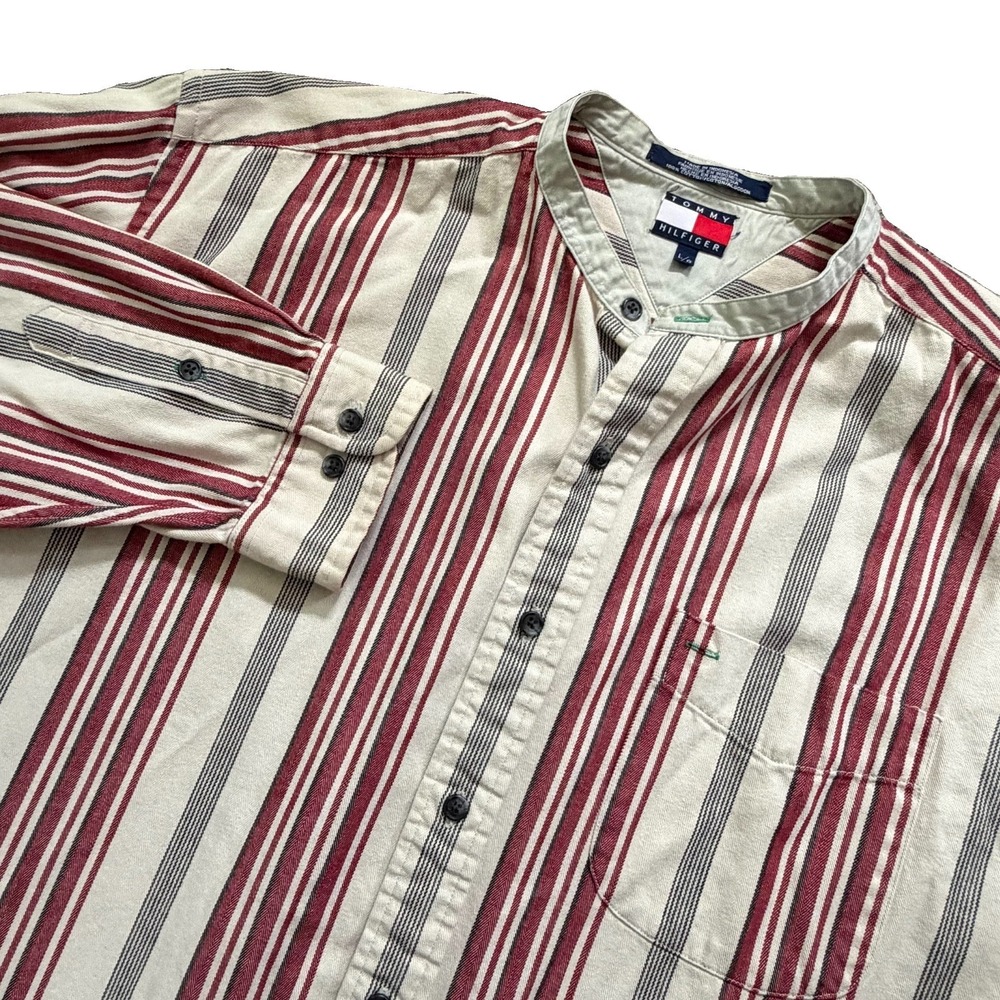 Vintage TOMMY HILFIGER stripe L Motorcycling grandad collar oxford button down